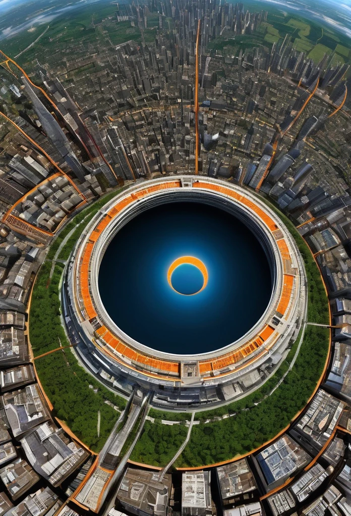 Image of a ring world , big ring world with heavy vegitation inside the ring , orbiting a orange dwarf star , ring world perispective , buildings and vegitation inside surface of the ring world , ring world in the space orbiting like a planet 