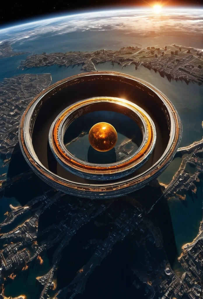 Image of a ring world , big ring world with heavy vegitation inside the ring , orbiting a orange dwarf star , ring world perispective , buildings and vegitation inside surface of the ring world , ring world in the space orbiting like a planet 