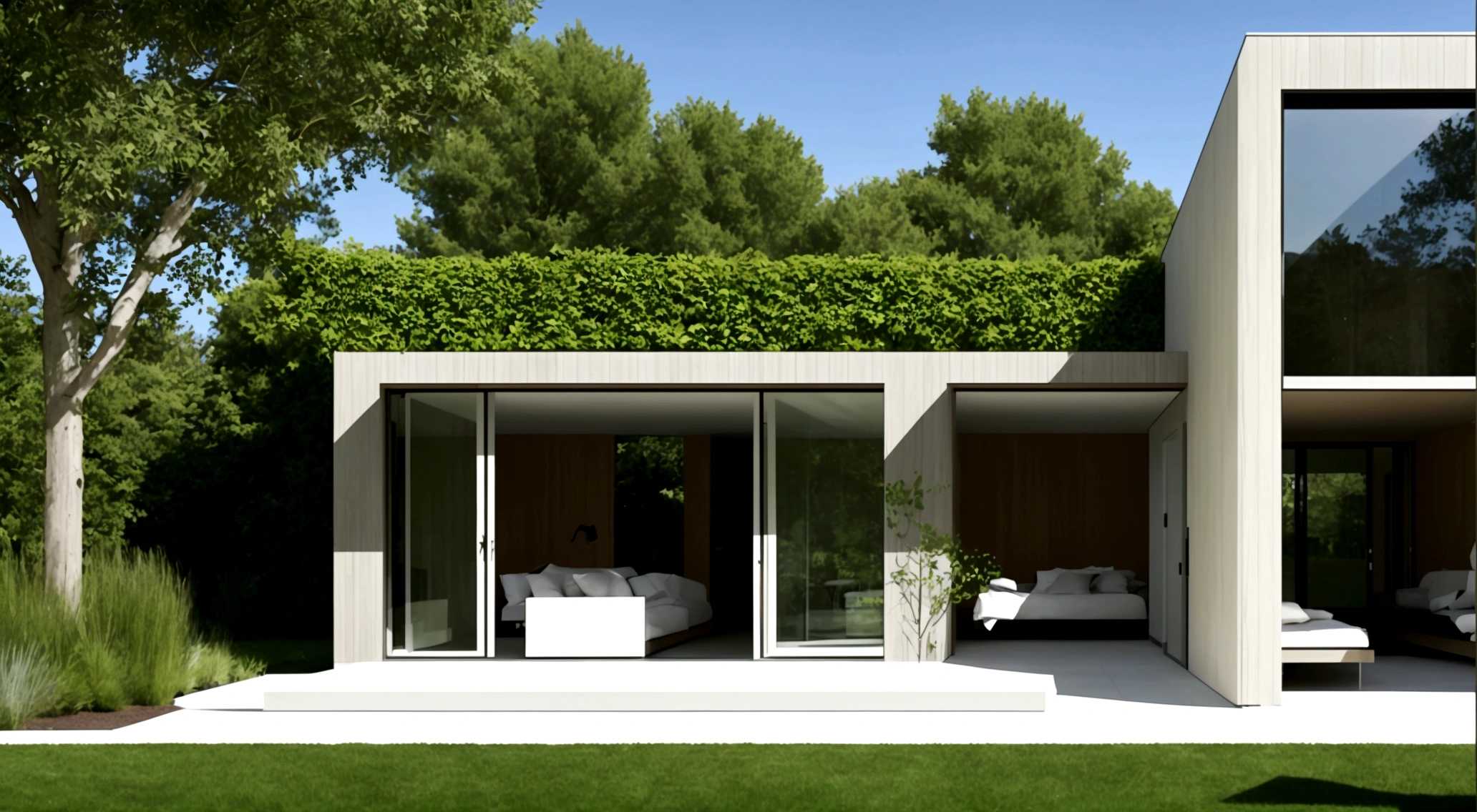 Modern minimalist architecture: The house will have a simple form, minimalist colors such as white, gray or natural wood. The clean lines are designed to create a feeling of neatness, modernity and harmony with the surrounding nature.

Windows and doors: Use many large windows to optimize natural brightness and the surrounding landscape. The entrance door will be designed to expand to connect the house with the outdoor space.
Garden and trees: Around the house there is a spacious garden, planted with trees to create shade and fresh air. Trees such as apple trees, orange trees, or green leaf trees can be used to add aesthetics and comfort to the space.
Simple and comfortable interior: Inside, the interior will be designed in a simple, modern style with natural materials such as wood and stone. Use simple but fully furnished furniture suitable for modern rural lifestyle.
Harmonious connection with nature: The house design will be optimized to make the most of the landscape and surrounding space, creating a harmonious and relaxing living environment., Photorealistic, 8k, ultra high res