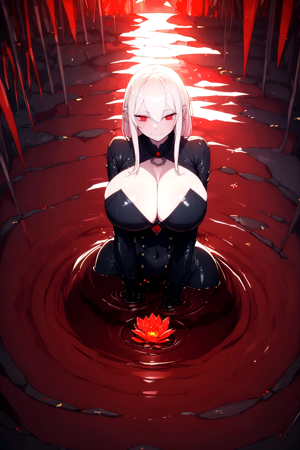 girl, (huge breasts size 128 cm), (narrow waist), Powerful woman, White hair, big butt size 130, beautiful face, fine features, Red eyes, SMILE, evil, psychopath, mileena costume, black suit, coming out of a river of blood