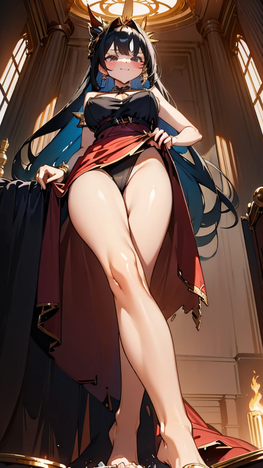 A fierce giantess in a vibrant red dress, with long black hair and intense blue eyes, lounges sensually on a golden throne in a grand hall. Her legs drape over the armrests, crushing intricate carvings and tiny courtiers beneath her. She picks up tiny humans with her fingers, laughing as she presses them against her warm skin. Her body radiates an aura of raw power and eroticism. Giantess, Goddess, sexy legs, dress, hot, curvy body, mommy issues, tiny people, macrophilia, perspective from below, high quality, almost naked, mature woman, grand hall, erotic.
