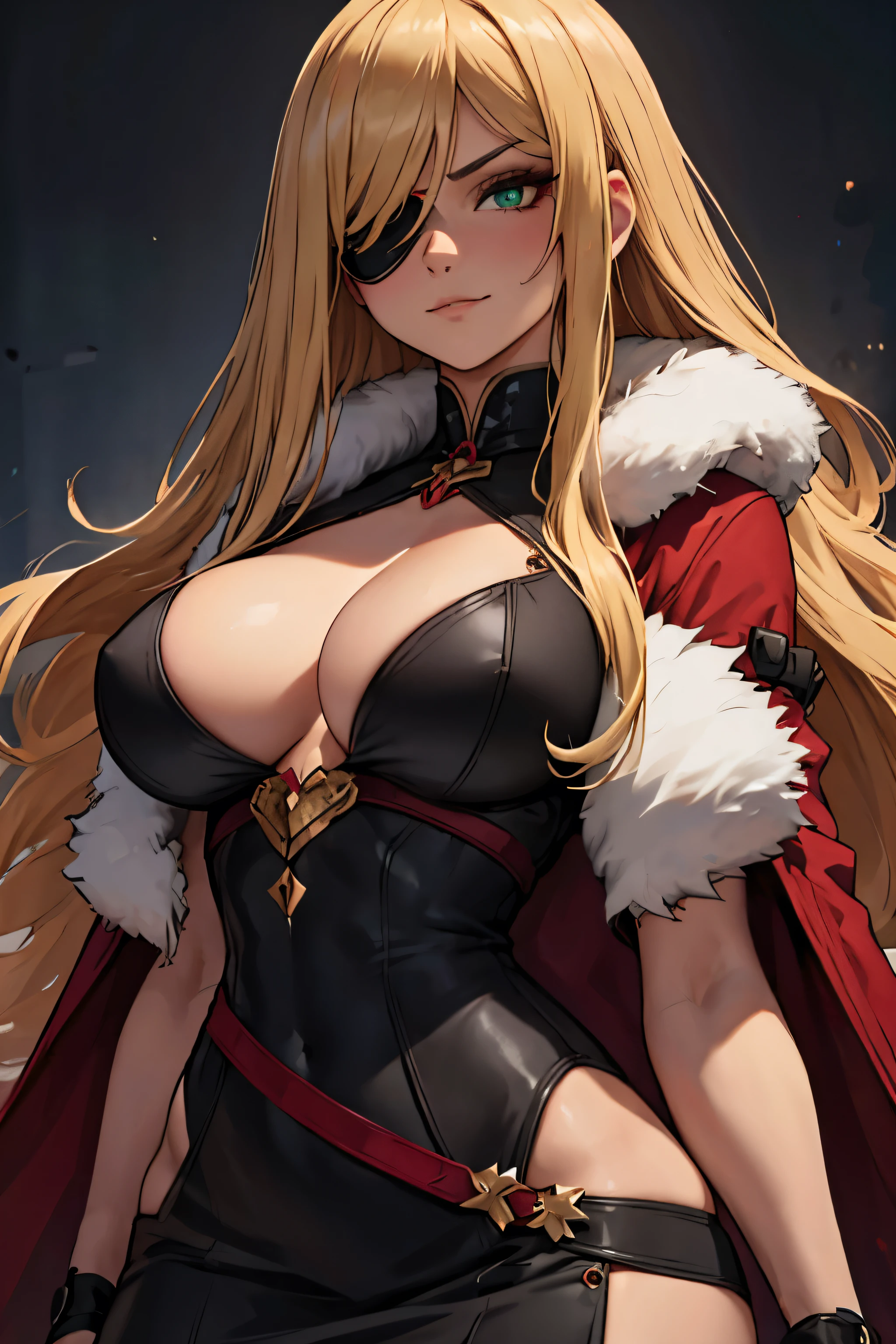 ((masterpiece)), ((best quality)), 1girl, adult, long hair, ((blonde hair)), very long blonde hair, ((intimidant look)), ((close-up)), profile image, green eyes, black and red clothes, sexy, dark colors, brillant eyes, ((coat with fur)), ((wavy hair)), exposed skin, ((sexy pose)), ((intimidant look)), good anatomy, ((dark sage clothes)), ((straight cut bangs)), emotionless, intimidant, ((beautiful eyes)), close up, ((detailed eyes)), beautiful eyes, ((detailed face)), hair bang, frontal look, evil, relaxed, smile, magical goddess othinus, detailed face, eyepatch, full body, ((detailed))