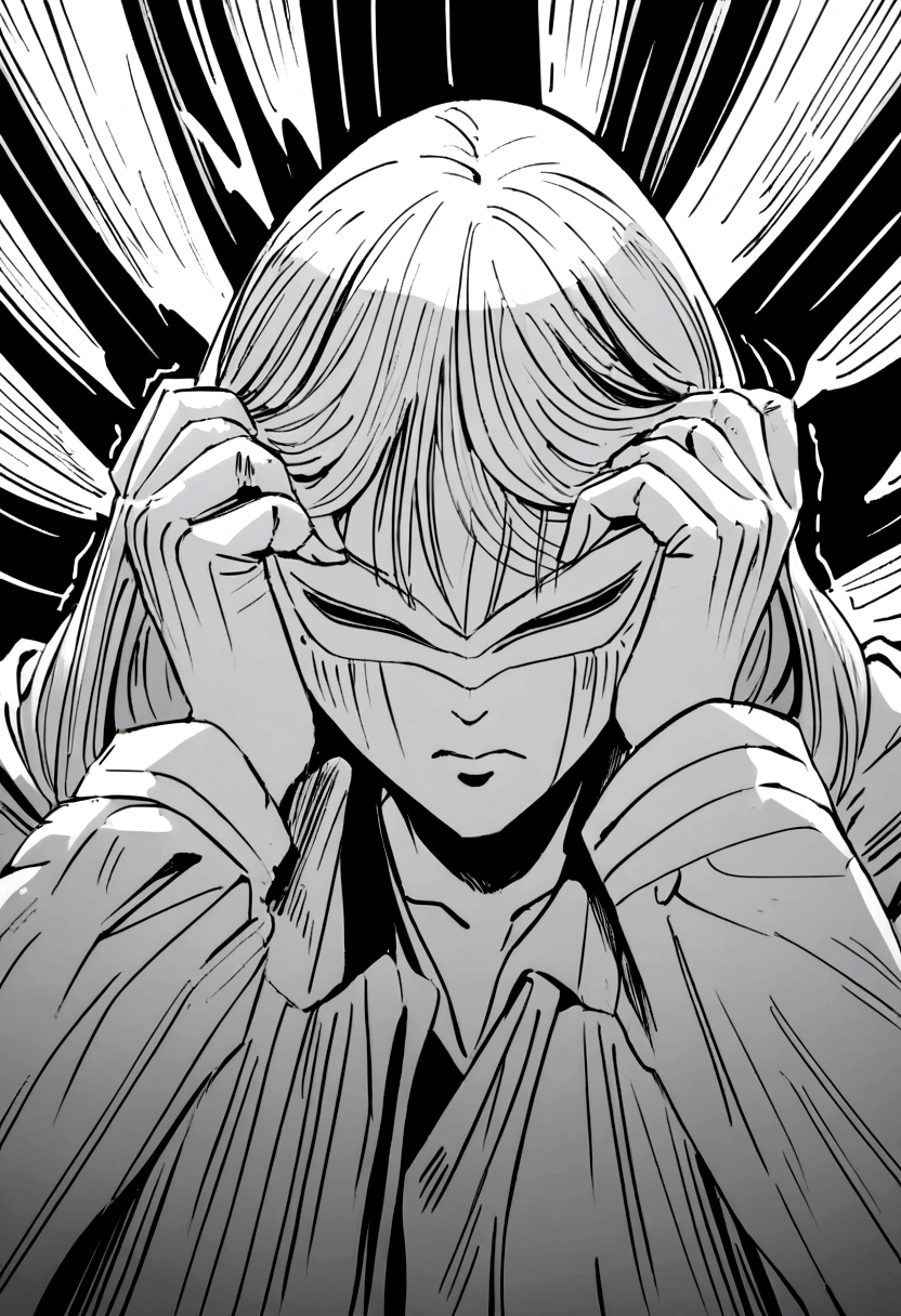A group of people dressed in black, masked and fully armed , Trembling, clutching his head and covering his ears in pain ( black and white anime manga style drawing )