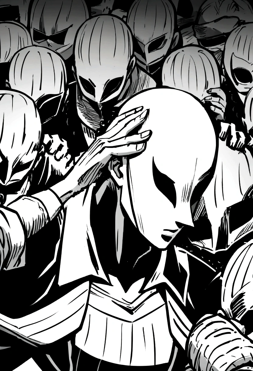 A group of people dressed in black, masked and fully armed , Trembling, clutching his head and covering his ears in pain ( black and white anime manga style drawing )