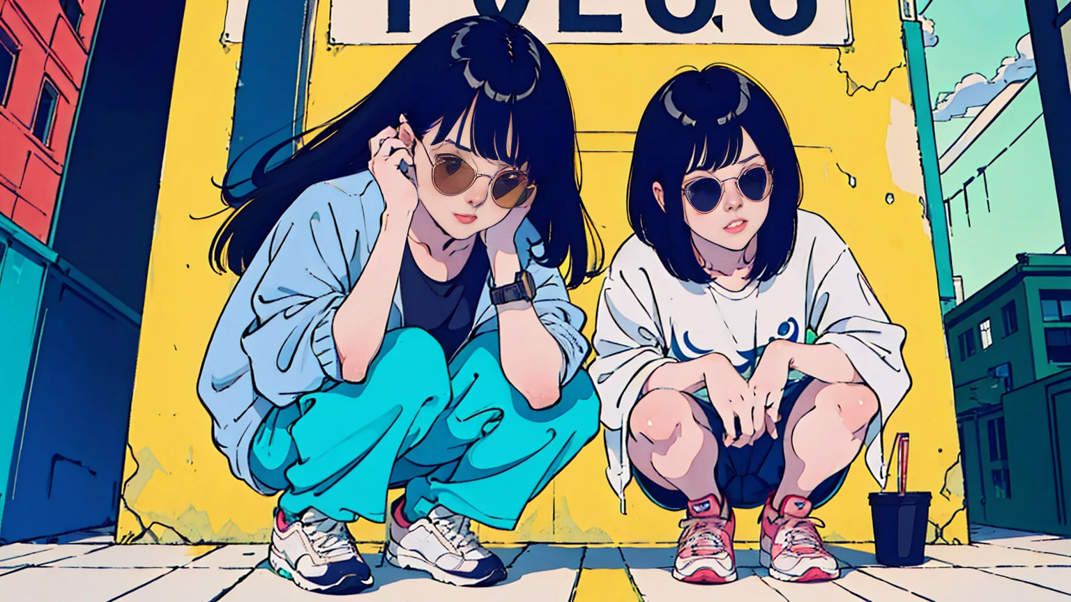 A beautiful Asian woman, Trendy clothing, clock, sneakers, Squat down, Hands hanging down, Jacket with, Street side, Casual clothing style, I love casual streetwear, Supermodel, Model pose,Wearing sunglasses