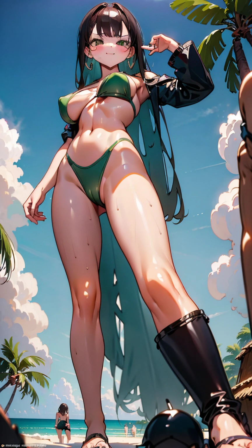 A sultry giantess in a green bikini, with long brunette hair and hypnotic brown eyes, lounges on a tropical island, her legs stretched out and crushing palm trees and beach huts. Tiny humans try to escape, but she scoops them up playfully with her hands and feet, occasionally bringing one to her mouth. Her body exudes raw sexual power, her gaze filled with cruel delight. Giantess, Goddess, sexy legs, bikini, hot, curvy body, mommy issues, tiny people, macrophilia, perspective from below, high quality, almost naked, mature woman, tropical island, erotic.