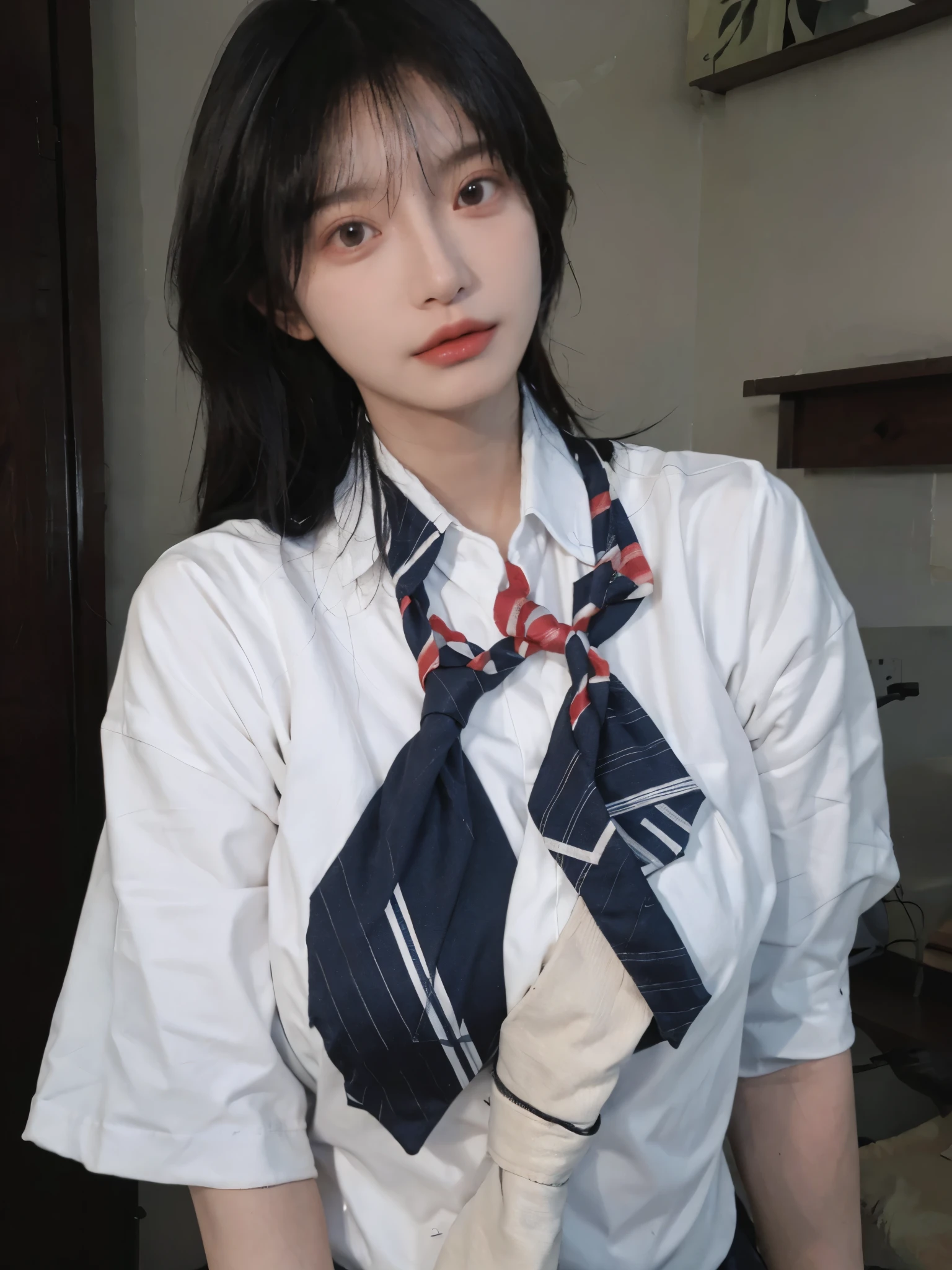 Best quality,masterpiece,ultra high res,(photorealistic:1.4),1girl,sexy,(shirt and tie:1.2),(large breast:1.3),(upper body:1.4)