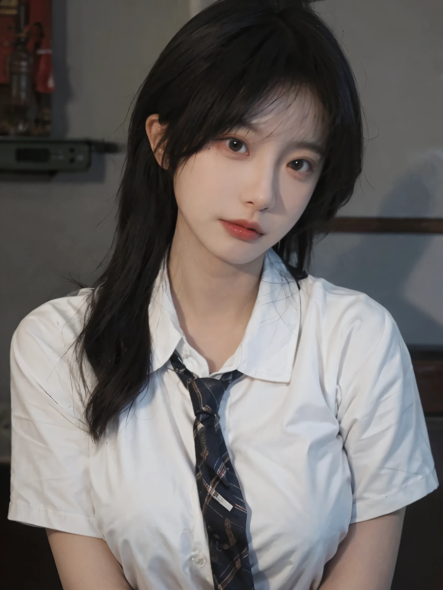 Best quality,masterpiece,ultra high res,(photorealistic:1.4),1girl,sexy,(shirt and tie:1.2),(large breast:1.3),(upper body:1.4)