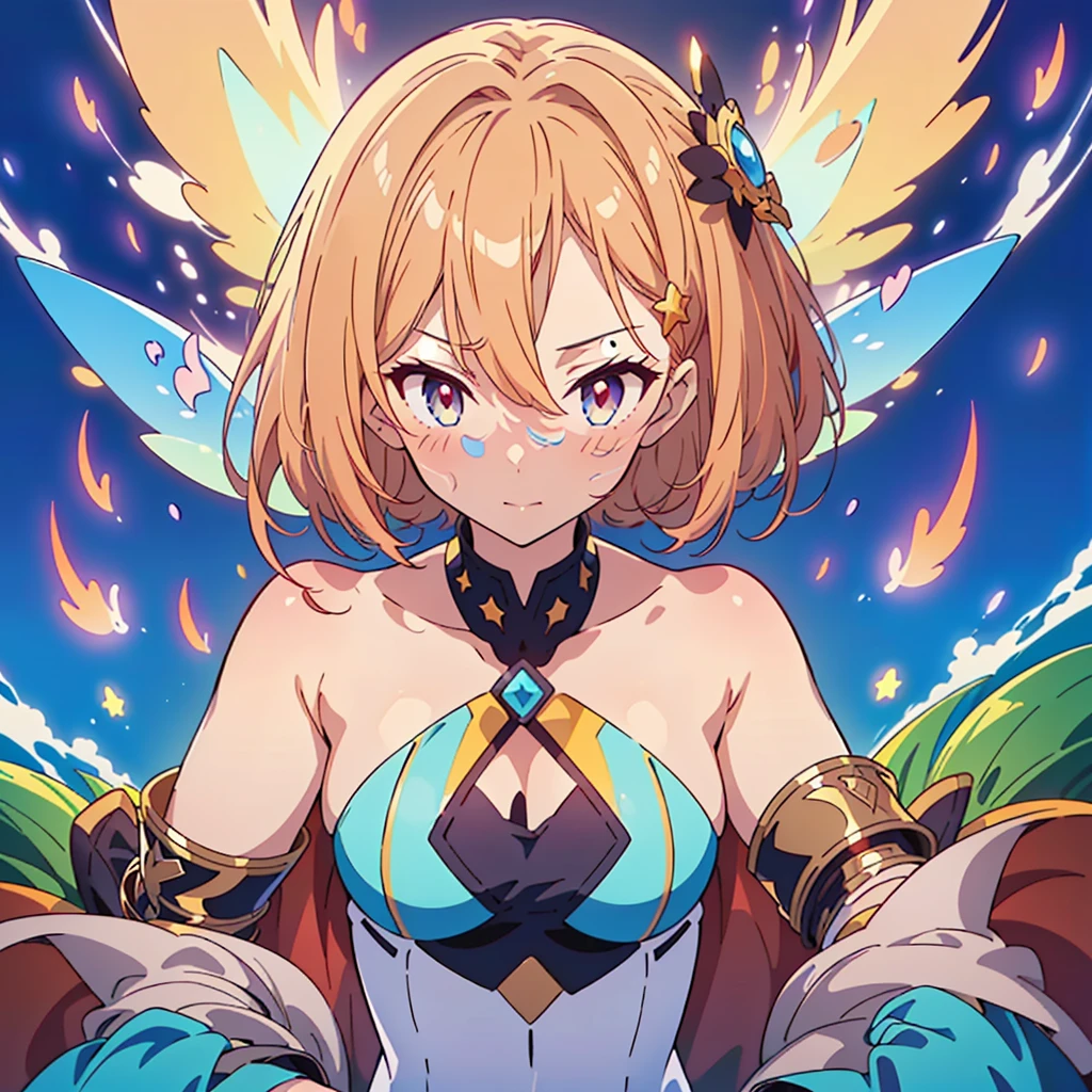 1girl、Star Fairy、Giant peace sign、(((Highest quality、Masterpiece、Official Art、The best dynamic composition、Super detailed、Anime Style)))、The fairy's wings are small and cute with a strong sense of transparency and pastel colors.、Star Stick、Milky white and navy blue gradation hair color、peace、A picture facing the viewer、He holds his hand out in front of him in a giant peace sign towards the viewers.、The background is simple green、