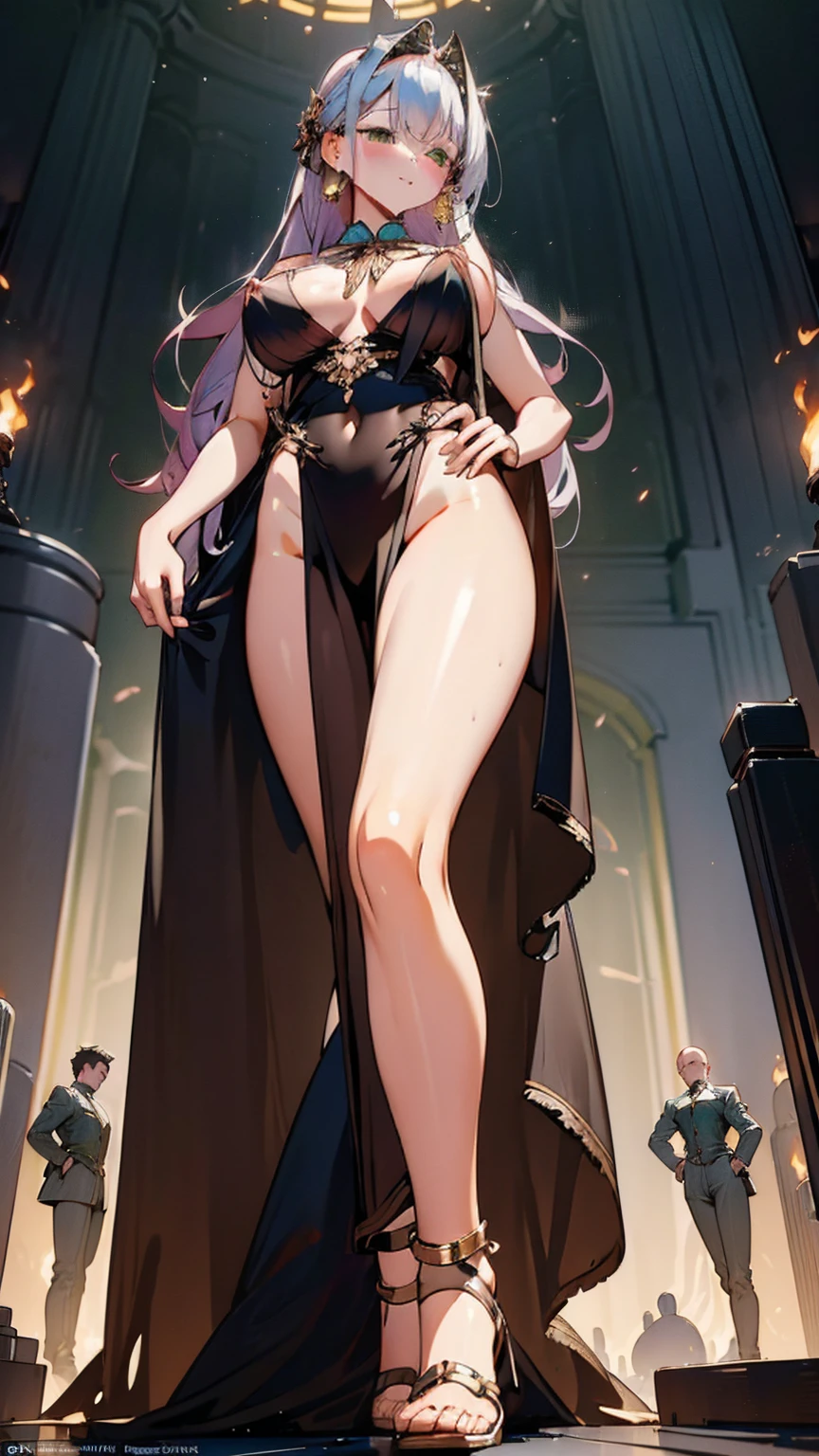 A seductive giantess in a shimmering silver gown, with long auburn hair and captivating green eyes, lounges on a luxurious ballroom floor. Her massive body crushes elegant furniture and tiny guests beneath her as she lies on her side, propped up on one elbow. She picks up tiny people with her fingers, teasing them against her curves. Her body radiates raw eroticism and power. Giantess, Goddess, sexy legs, gown, hot, curvy body, mommy issues, tiny people, macrophilia, perspective from below, high quality, almost naked, mature woman, ballroom, erotic.

