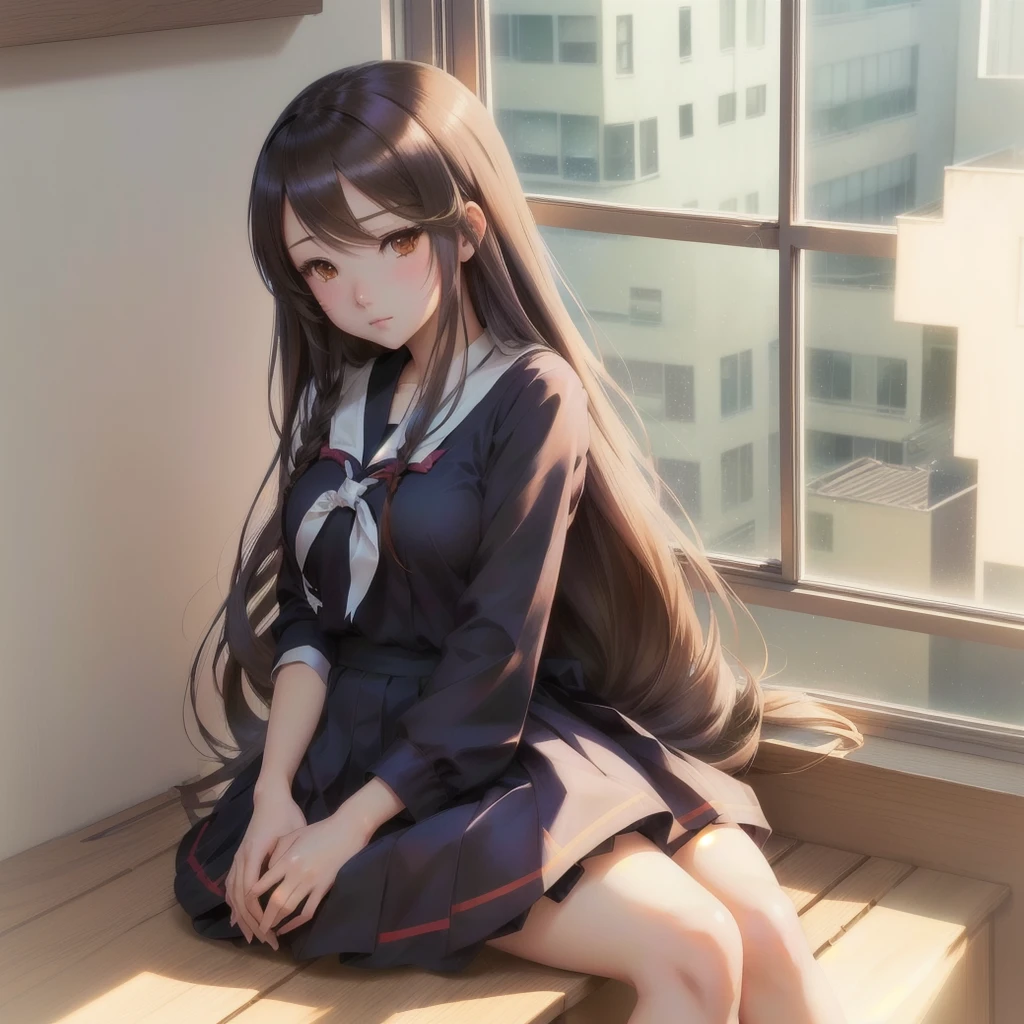 Anime Girls sitting on a window sill with her head in her hands, Anime Girls with long hair, Anime Moe Art Style, (Anime Girls), Beautiful anime school girl, Smooth anime CG art, beautiful Anime Girls, By Ren, cute Anime Girls, Ilya Kuvshinov with long hair, Painted in an anime artist&#39;s studio, Anime Girls, by Yuumei