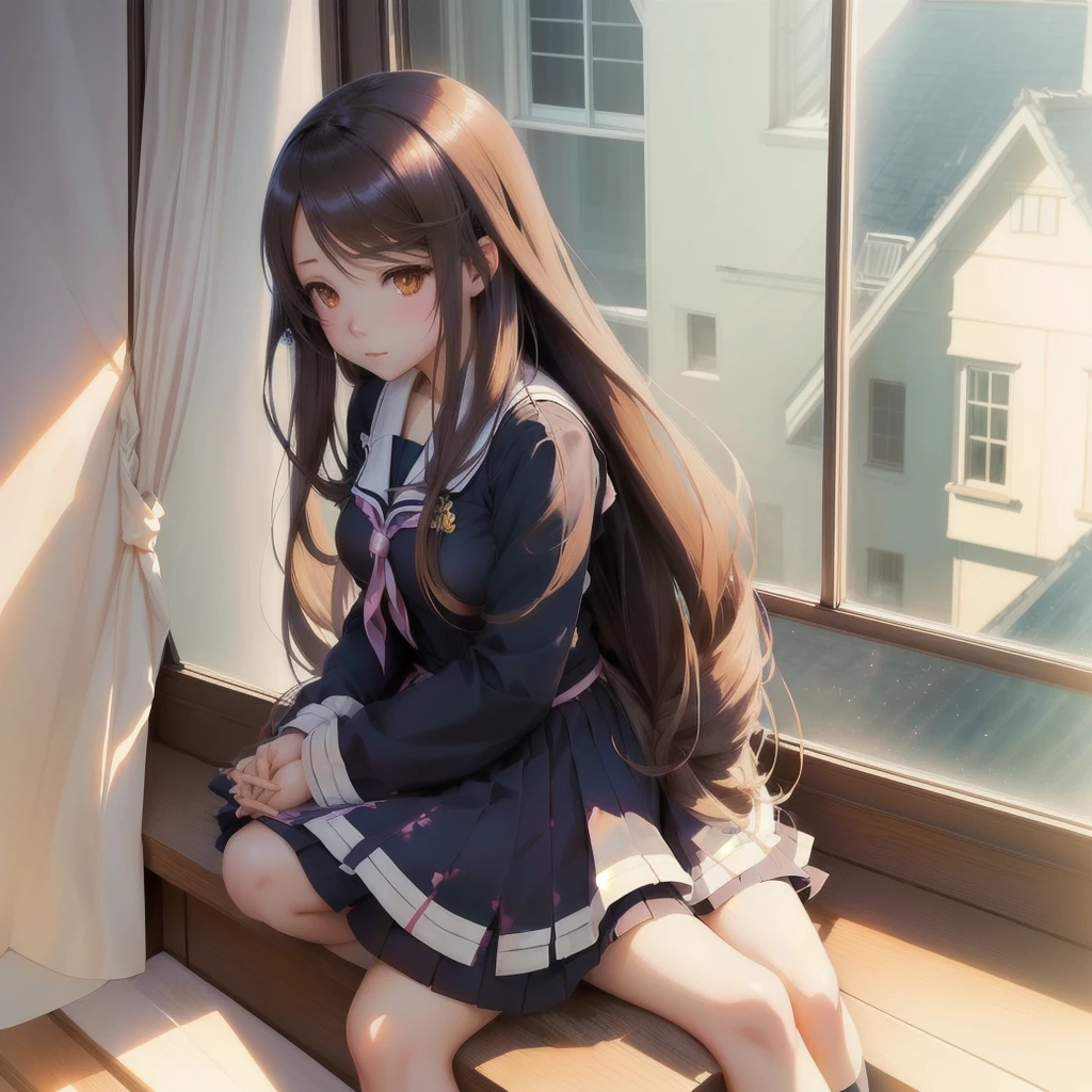 Anime Girls sitting on a window sill with her head in her hands, Anime Girls with long hair, Anime Moe Art Style, (Anime Girls), Beautiful anime school girl, Smooth anime CG art, beautiful Anime Girls, By Ren, cute Anime Girls, Ilya Kuvshinov with long hair, Painted in an anime artist's studio, Anime Girls, by Yuumei