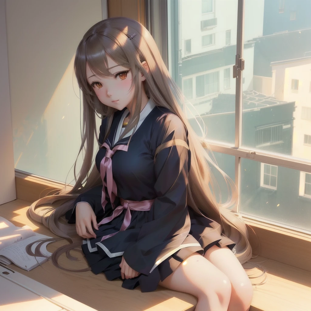 Anime Girls sitting on a window sill with her head in her hands, Anime Girls with long hair, Anime Moe Art Style, (Anime Girls), Beautiful anime school girl, Smooth anime CG art, beautiful Anime Girls, By Ren, cute Anime Girls, Ilya Kuvshinov with long hair, Painted in an anime artist's studio, Anime Girls, by Yuumei