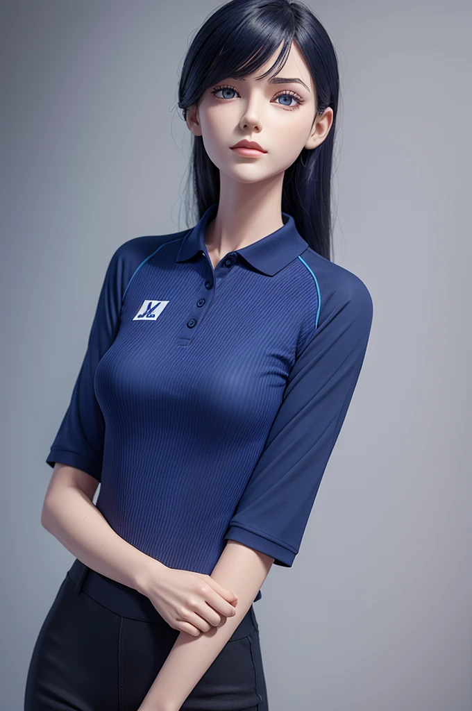 3d polo shirt with navy blue invisible mannequin with navy blue collar with purple and blue stripes