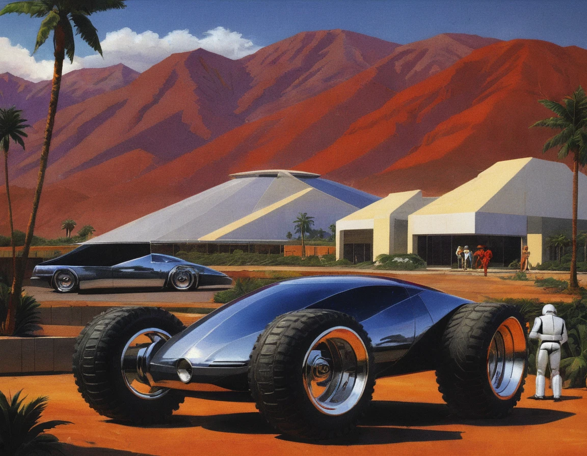 syme, retrofuturistic car, off road tires, people, mountains, palm trees, building