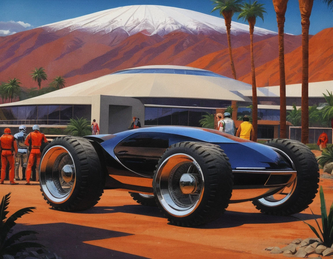 syme, retrofuturistic car, off road tires, people, mountains, palm trees, building