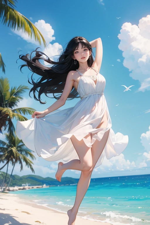 (Highest quality、masterpiece、High resolution、8K)、Vibrant colors、1 Female、Long black hair、barefoot、A woman in a white dress jumps high、Official Art、The background is the sea、blue sky、Wide sandy beach、Wide forest、