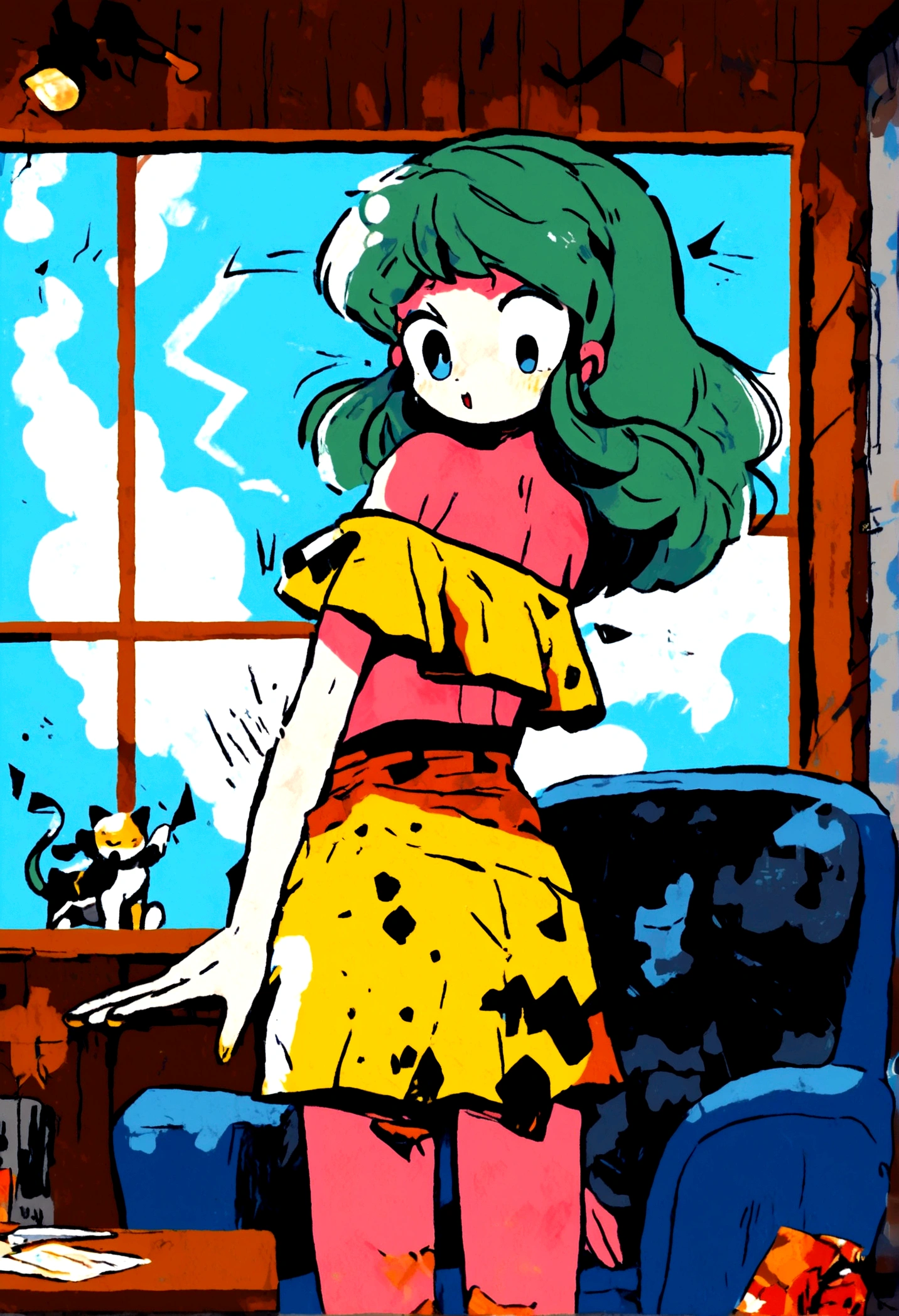 (lum:1.5), 1girl, tiny horns, (score_9, score_8_up, score_7_up), masterpiece, best quality, absurdres, unity, 8k, wallpaper, hi res, highly detailed face, highly detailed eyes, blue eyes, perfect anatomy, super detailed skin, seaside, 1980s style, anime style, (full body), (dynamic angle, dynamic pose:1.3), yellow summer dress, off shoulder, indoors, living room, pov, full lips, depth of field, blurry background, foreshortening, female focus, couch, from behind, looking back, POVdoggy, POVsex, from_behind, uncensored, smug laugh, mouth open, blush, hands on another's hips, skirt lift, ass, Possmach, skinny, thin, slim, skinny legs, flat chested, small butt, young, short stature, young age, aged down, 1980's style, from side, (intricate details:1.4), (two-tone hair, green hair, black hair:1.1), floating hair, groin, (cowboy shot), looking at viewer, (electrokinetic, electrokinesis, spark effect, electricity:1.3), lightning shooting from hands, epic fantasy scene, dark ominous clouds, dramatic lighting, detailed facial features, high quality, cinematic composition, dramatic atmosphere, digital art, concept art, 8k, ultra-detailed, professional rendering, dramatic color palette, dynamic pose, cute doodle,