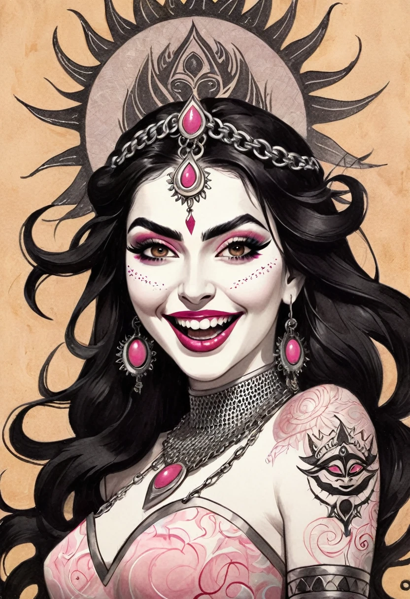 ink drawing of a sketch of
kali maa, 1girl, young, attractive, seductive, pink marble (pale skin)
insane smile, open mouth
detailed eyes, detailed lips, goosebumps, detailed skin
suns, spray, full photo, tights, tail
(chain mail), body writing, tattoo, ochre
simple white background, horror theme, rough paper, canvas texture