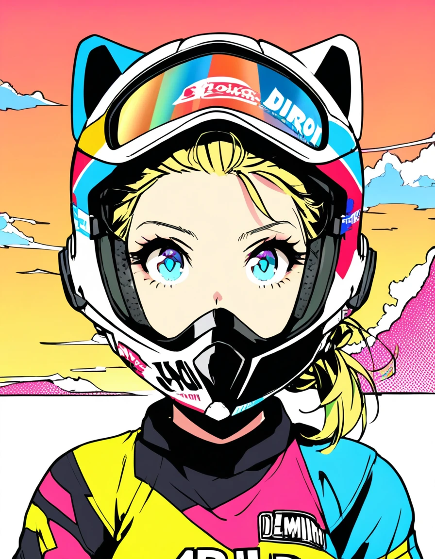 extremely clear 8K wallpaper, extremely delicate and detailed face:1.3, absurdres, masterpiece, by Posuka Demizu, pop art, Portrait of a woman wearing a motocross helmet.The motocross helmet is Airoh's Aviator type. , a detailed and colorful illustration of a sunset beach is drawn on the entire surface of the helmet. , she has her hair tied back. , the look in her eyes reveals her strong determination to win the race. ,