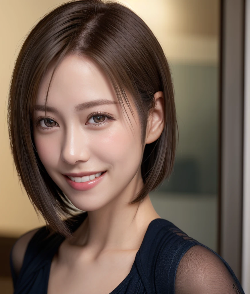 of the highest quality, masutepiece, (Photorealistic: 1.4), One Woman, Short hair, Best Quality, masutepiece, (Photorealistic: 1.4), single woman, Golden ratio, Perfect face, close up of face, a short bob, Short hair, Smile from different angles, Smile, Glossy, High Rig...