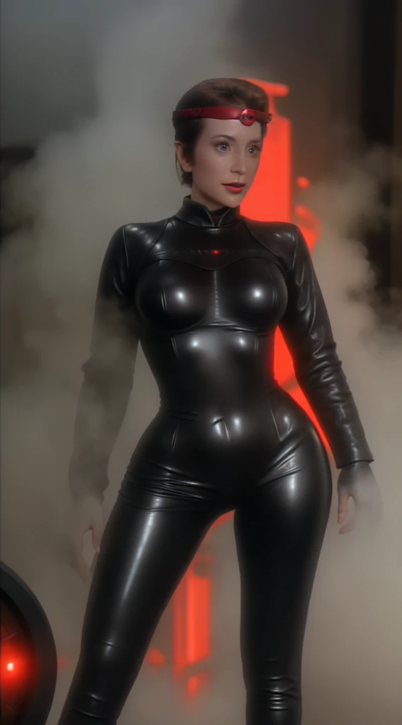 kiranerys, mirrakira , shiny bodysuit, headband, (fog:1.4), hand on hip, smug, seductive, latex pants, science fiction, (red side light), cinematic still of a stunning woman, detailed, sharp focus, dramatic, award winning, octane render, unreal engine, volumetrics dtx, )