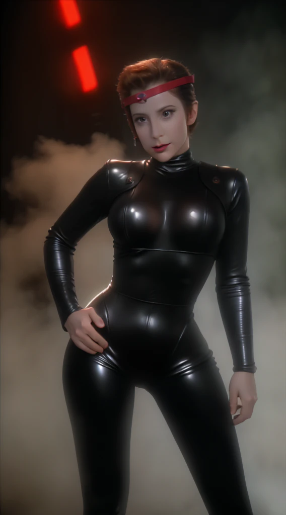 kiranerys, mirrakira , shiny bodysuit, headband, (fog:1.4), hand on hip, smug, seductive, latex pants, science fiction, (red side light), cinematic still of a stunning woman, detailed, sharp focus, dramatic, award winning, octane render, unreal engine, volumetrics dtx, )