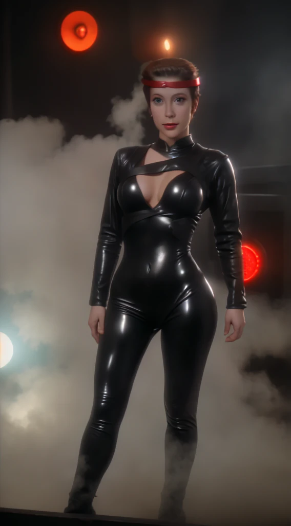 kiranerys, mirrakira , shiny bodysuit, headband, (fog:1.4), hand on hip, smug, seductive, latex pants, science fiction, (red side light), cinematic still of a stunning woman, detailed, sharp focus, dramatic, award winning, octane render, unreal engine, volumetrics dtx, )