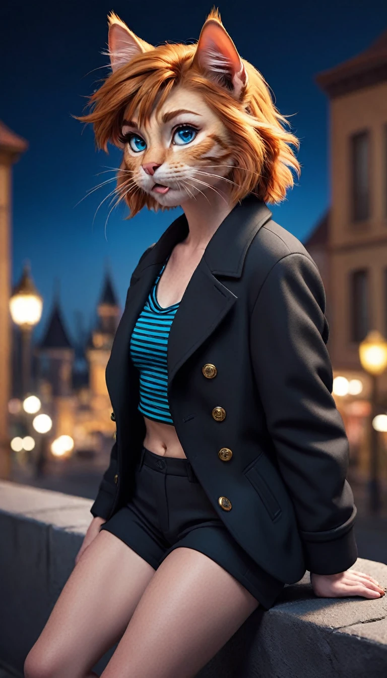 cat with furry features, short ginger hair, ((((mouth with hairballs))), her coat is predominantly ginger with yellow stripes, (((blue eye color))), her body is humanized, wearing a cropped top black, no pants, showing a sensual and thirsty expression, crouched with his back on top of a wall, night city in the background, furry style, 3d style, disney style, (((focused face)))