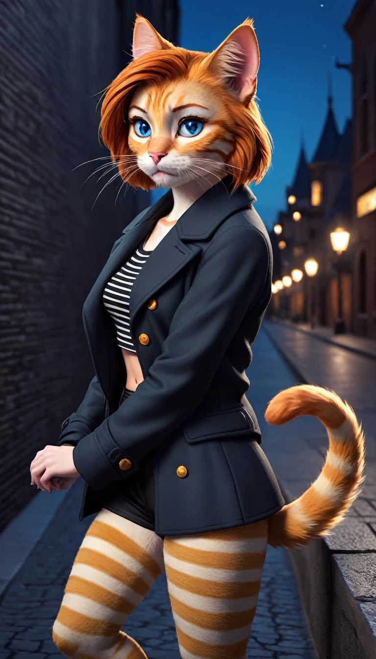 cat with furry features, short ginger hair, ((((mouth with hairballs))), her coat is predominantly ginger with yellow stripes, (((blue eye color))), her body is humanized, wearing a cropped top black, no pants, showing a sensual and thirsty expression, crouched with his back on top of a wall, night city in the background, furry style, 3d style, disney style, (((focused face)))