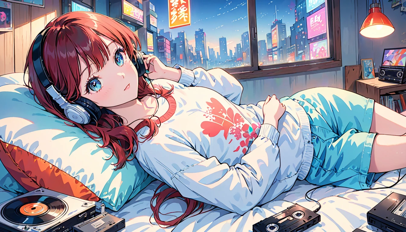 Creates anime-style images that evoke the atmosphere of 1980s city pop culture。Girl lying on bed、Imagine a simple scene where you put on headphones and listen to music.。The setting is、It should reflect a 1980s urban vibe with vibrant colors and a retro aesthetic.。The girl is absorbed in music、With a relaxed expression、Neon lights and cityscape in the background、Cassette tapes, etc.、It should contain elements that evoke the era.。The overall tone is nostalgic and upbeat.、It must capture the essence of the city pop era.。