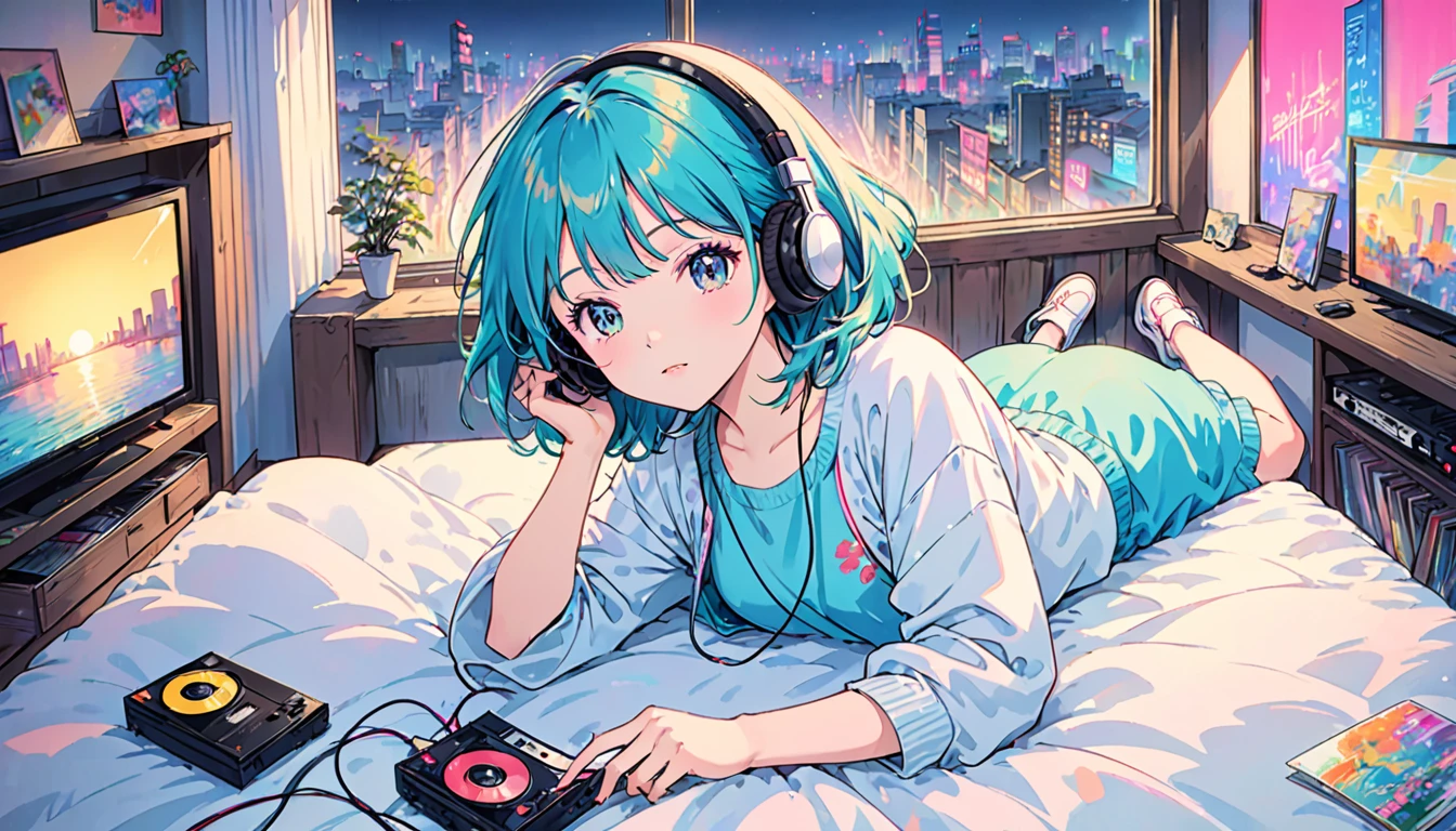 Creates anime-style images that evoke the atmosphere of 1980s city pop culture。Girl lying on bed、Imagine a simple scene where you put on headphones and listen to music.。The setting is、It should reflect a 1980s urban vibe with vibrant colors and a retro aesthetic.。The girl is absorbed in music、With a relaxed expression、Neon lights and cityscape in the background、Cassette tapes, etc.、It should contain elements that evoke the era.。The overall tone is nostalgic and upbeat.、It must capture the essence of the city pop era.。