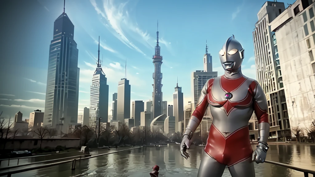 (masterpiece, best quality:1.3),extremely high detailed,intricate,8k,HDR,wallpaper,cowboy shot,(city),ruins,solo,ultraman,no humans,(((giant,towering over skyscrapers))),(latex bodysuit),bracelet,standing,art shift,((POV shot)),holding viewer,((massive penis bulge,erection)),(((fapping,masturbating)))