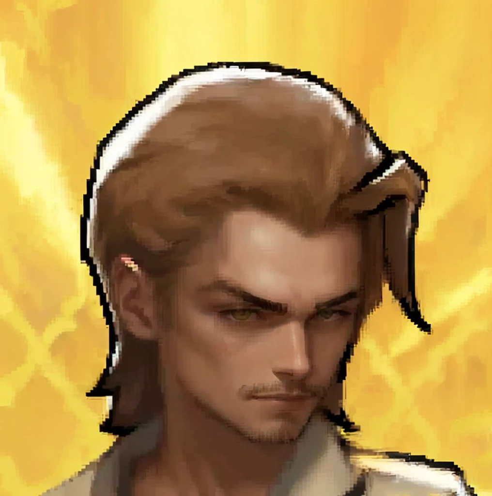 a close up of a person with a brown hair and a yellow background, symmetrical portrait rpg avatar, character icon, avatar image, roguish smirk, picture of a male cleric, rpg character avatar, xqc, crisp clear rpg portrait, sfw version, portrait of a mage, goro, godsent, halfbody portrait, full protrait