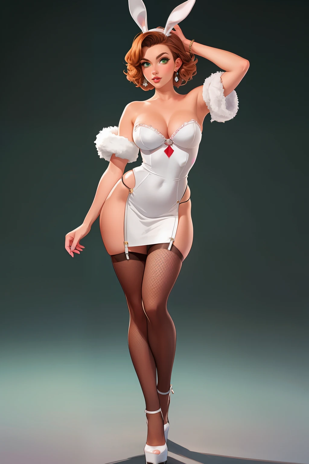 Posing view, full body view, T-pose, orthographic full view of [Alice Brookes] facing the camera, (backlighting), realistic, masterpiece, highest quality, gradient background, full body composition, full head composition, body correctly proportionate,
1 beautiful woman, attractive  pose, Name: Alice Brookes, Age: 28, pinup physique, tall curvaceous and  figure, striking very ginger-dark short wavy hair that frames her face, emerald-green eyes, interesting hair style, short hairs above her shoulders,  ears whit fluffy fur at the base,  tail,
Casino  dress croupier outfit, leather bustier, fishnet pantyhose, hand sleeves, stiletto heel,
art by Zumi, art by  Akira Toriyama, very realistic anime style, hand draw, 
 skin, birthday suit, -- ar 3:2
