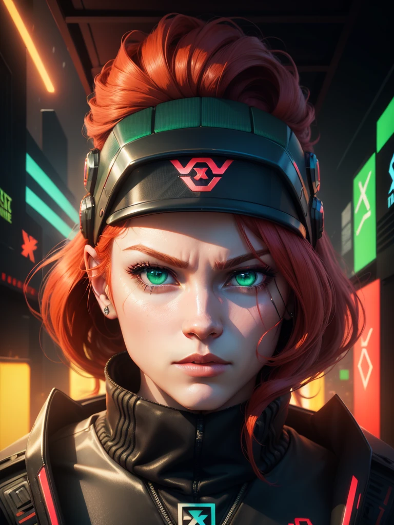 ((One X logo)), tech art, ((cyberpunk style | Cybernate | futuristic style)), Green eyes, Ginger red hair, arte 3D digital ultra realistic