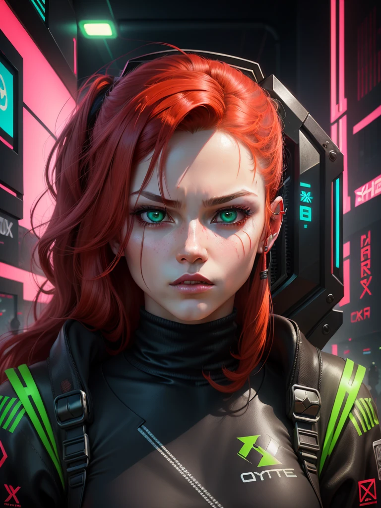 ((One X logo)), tech art, ((cyberpunk style | Cybernate | futuristic style)), Green eyes, Ginger red hair, arte 3D digital ultra realistic