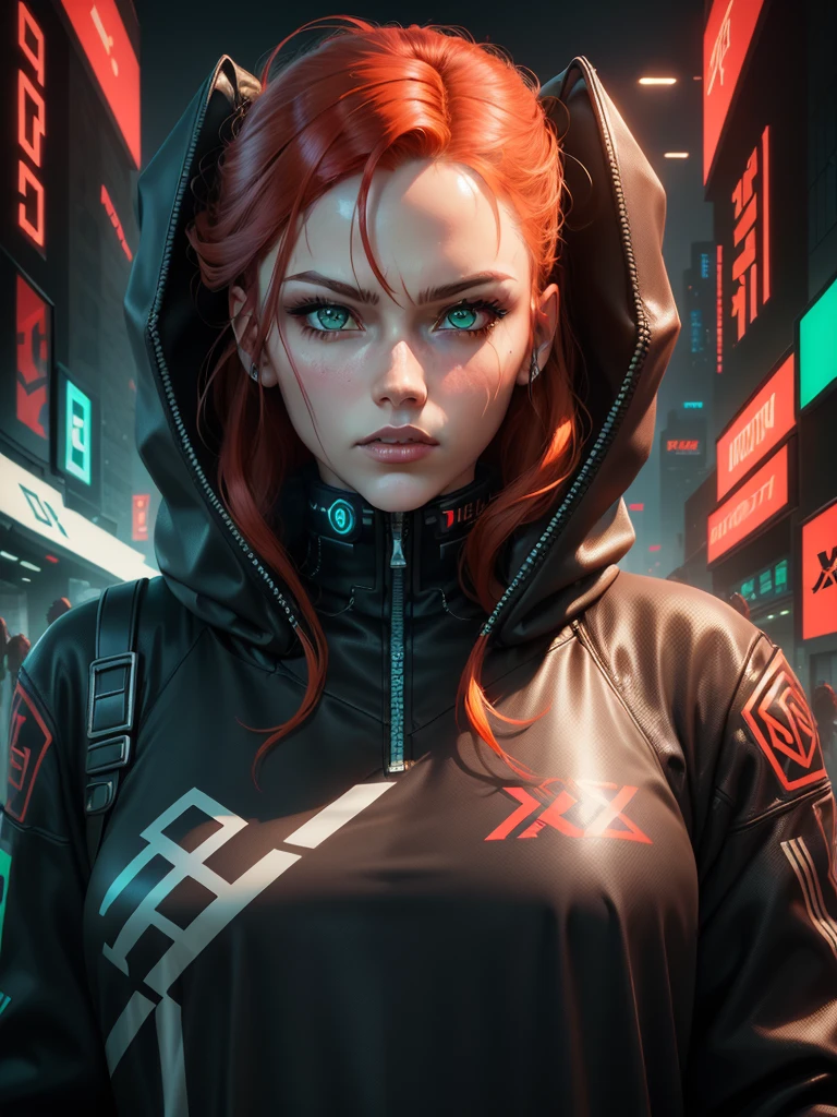 ((One X logo)), tech art, ((cyberpunk style | Cybernate | futuristic style)), Green eyes, Ginger red hair, arte 3D digital ultra realistic 