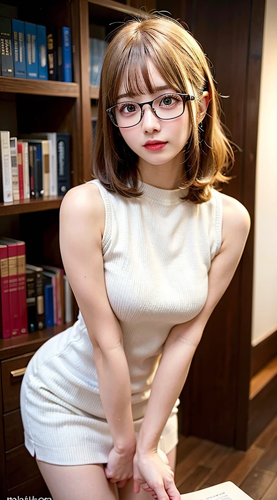 (8K, Raw photo:1.2), Detailed face and eyes,Best Quality, 超A high resolution, Highly detailed ,intricate detailes ,masutepiece ,Cute Girl , Soft cinematic light, Hyper-detailing,Sharp Focus, High quality, Blonde hair, bob cuts, tits out, a miniskirt, eye glasses, NSFW, read a book