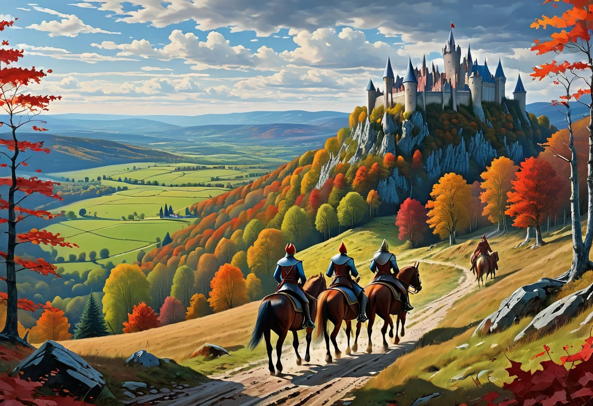 landscape from Garry Potter, in the distance there are ruined castles, elves and people on horseback, a bloody battle, on the horizon the grandfather's mountains and gray forests, the sky in burgundy blue soft stripes, Epic Composition, Comic Book, Yuri Vasnetsov