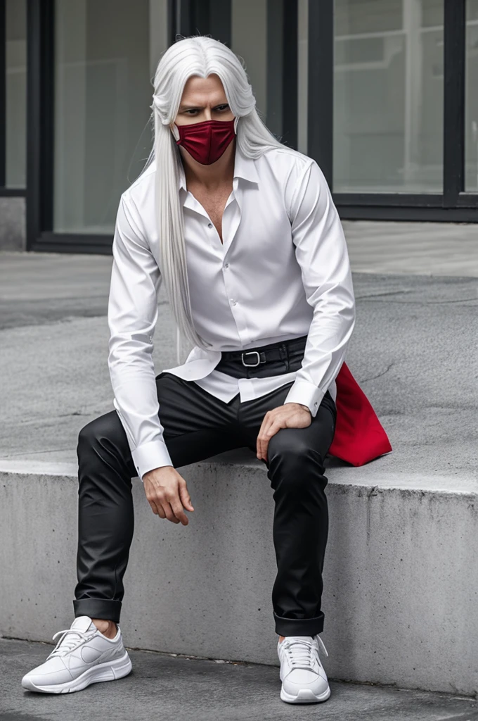 Male character long white hair with a white mask silver shirt with red in the middle gray color with a line on the thigh on pants black shoes on top and white bottom