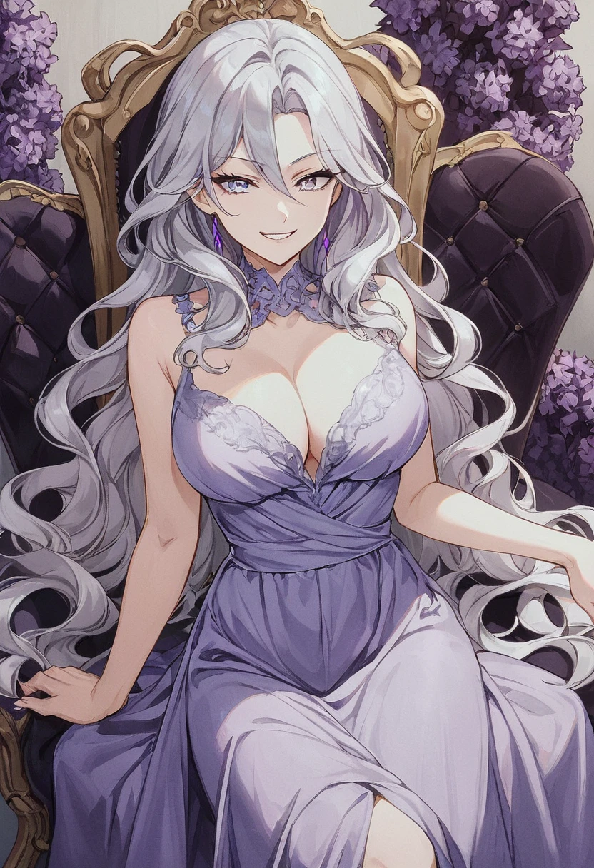 anime, adult, large bust, silver hair, flowy silver hair, long hair, lilac eyes, smirking, evil grin, all-knowing, light purple dress, sitting in thrown, noble, long purple dress, v-neck dress, long sleeve draped dress