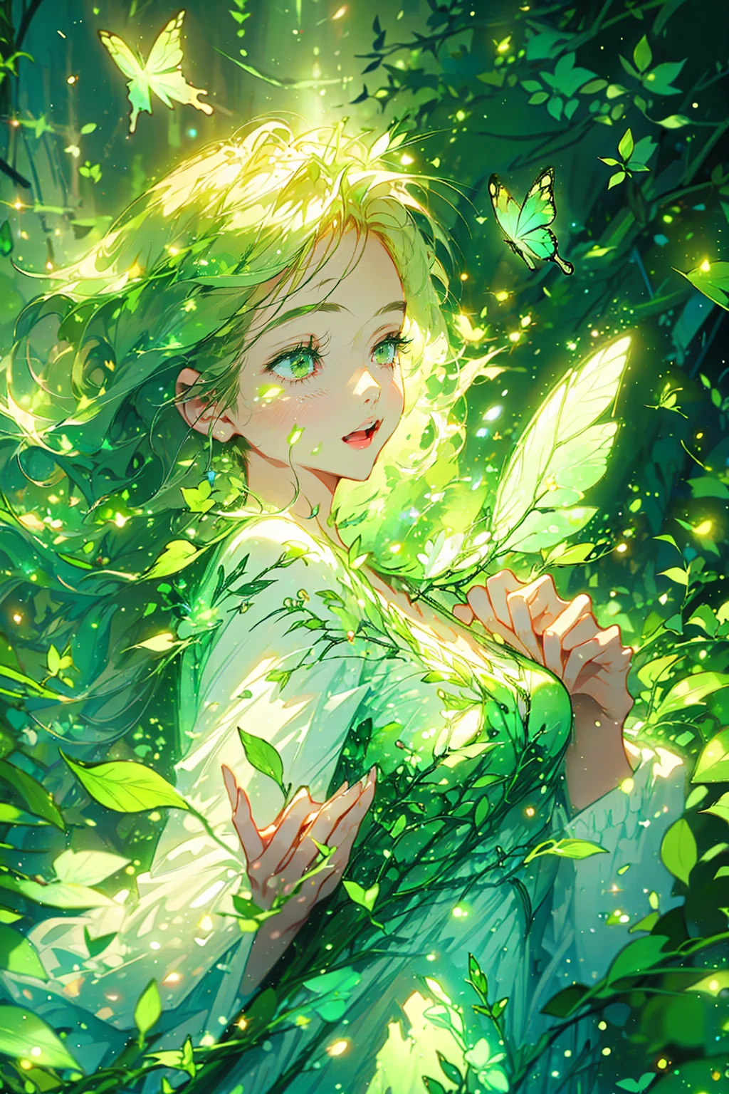 1girl,solo,cute,wizard,dress,bigbreast,cleavage,around leaf aura,perfect hands,perfect finger,explosionmagic, butterfly style,naturemagic