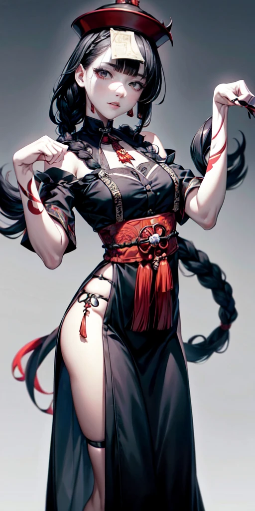 lora:flat:-1.2, masterpiece, best quality, 4k, 8k, 1 woman, solo, pale skin, tall stature, long hair, blunt bangs, side braid, black hair, ugly face, bad face, bad eyes, droopy eyes, unclear eyes, ruby red eyes, lemon yellow eyes, pale skin, black eyeliner, black eye shadow, heterochromia, slender frame, sad, ofuda, jiangshi costume:1.2, sheath long skirt, fang, horror, coffin, forest, dark night, stormy weather, fog, from front, cowboy shot, look at viewer, paw pose,