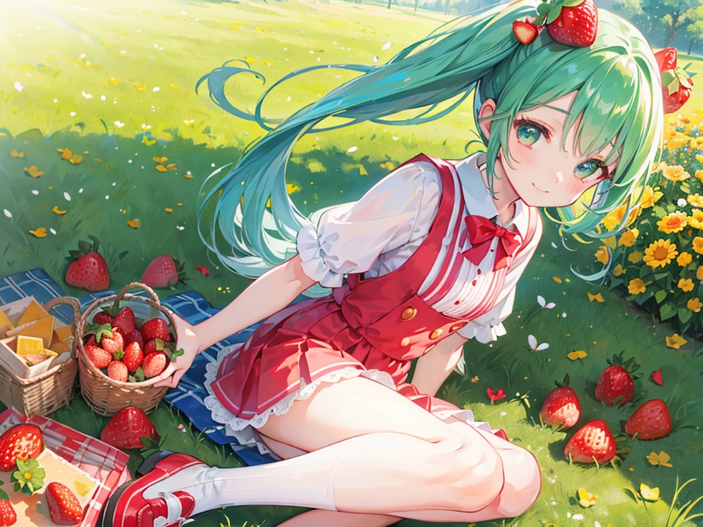 (realistic:1.37)、Octane rendering、morning park、Strawberry set、The girl has a twin tail hairstyle and a smile.、Strawberries fall from the sky、bright colors、soft sunlight、beautiful flowers、green grass、Fun atmosphere、Quiet environment、Fine texture、bright colors、Cute shoes and accessories、he looks happy