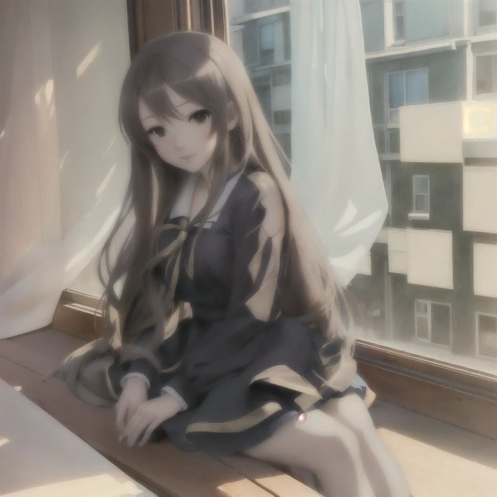 Anime Girls sitting on a window sill with her head in her hands, Anime Girls with long hair, Anime Moe Art Style, (Anime Girls), Beautiful anime school girl, Smooth anime CG art, beautiful Anime Girls, By Ren, cute Anime Girls, Ilya Kuvshinov with long hair, Painted in an anime artist's studio, Anime Girls, by Yuumei