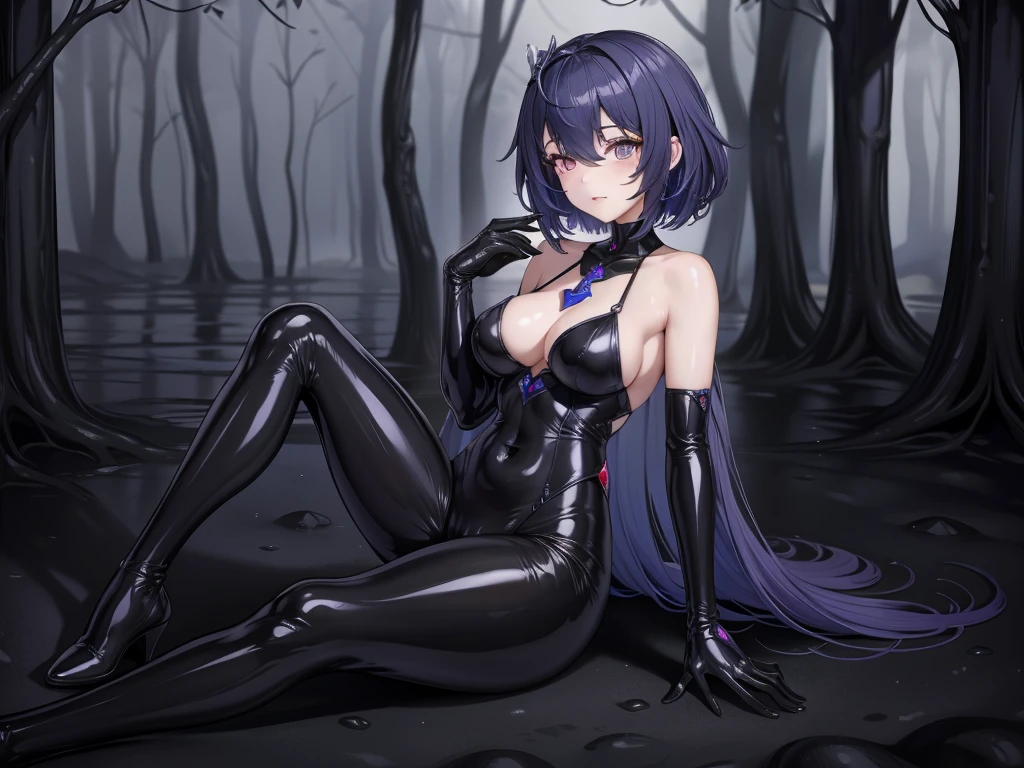 Masterpiece, Beautiful art, professional artist, 8k, art style by sciamano240, Very detailed face, Detailed clothing, detailed fabric, 1 girl, Soul Fullness \(Honkai Impact 3rd\), front view, sitting on the floor with legs crossed, perfectly drawn body, shy expression, 4k eyes, very detailed eyes, pale skin, beautiful face, short dark blue hair, (shiny black tight bodysuit), black gloves, gloves that cover hands, Sensual Lips , evening de invierno, show details in the eyes, looking at the viewer, Dark road, dark forest, evening, Atmosphere, fog