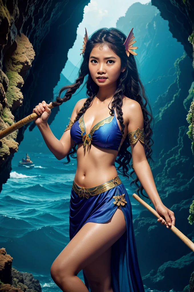 An angry sea butterfly with tears flowing, has fangs, wears Thai clothes, holds a baton, and has frizzy hair in a mountain sea cave.