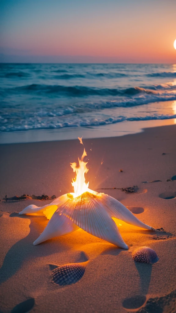 Ocean Beautiful shells on the sand Bonfire beautiful moon 8k Pro