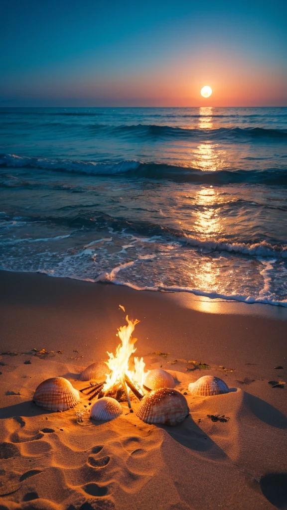 Ocean Beautiful shells on the sand Bonfire beautiful moon 8k Pro